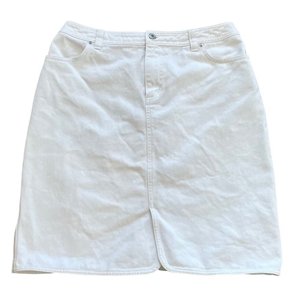 Lands' End Cotton White Denim Pencil Skirt, Front Slit, Minimalist, Preppy, 10